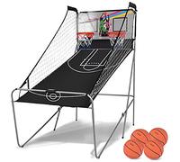 RELAX4LIFE Canasta de Baloncesto Plegable de Doble Tiro, Canasta de Baloncesto Infantil con 8 Tipos de Juego, Máquina de Tiro con 4 Pelotas, Bomba y Evaluación Electrónica con Pantalla LED