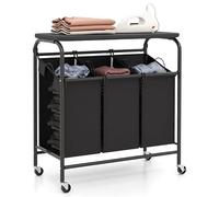 RELAX4LIFE Carro para la colada con 3 compartimentos, cesta para la ropa sucia con tabla de planchar plegable y bolsas extraíbles, cesta para la colada y el baño, negro y gris