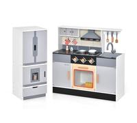 RELAX4LIFE Cocina de Juguete para Niños, Mini de Madera Con Sonidos y Luces Realistas, 12 Accesorios, Fregadero, Estufas, Nevera, Campana para Niños a 3+ Años (Gris)