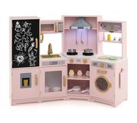 RELAX4LIFE Cocina Juguete con Sonidos y Luces Realistas, Pizarra, Microondas, Máquina de Hielo, Lavadora, Cocinita de Madera Infantil con Utensilios de Cocina y Vajillas para Niños 3+ Años (Rosa)