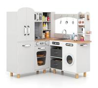 RELAX4LIFE Cocina Juguete de Esquina con Sonidos, Luces, Nevera, Cafetera, Lavadora y 2 Cubos de Tela, Cocinita Infantil con 12 Accesorios, Juego de Cocina Infantil para Niños de 3+ Años (Blanco)