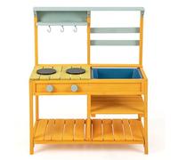 RELAX4LIFE Cocina Juguete de Madera de Abeto con Fregadero y Estufas, Cocinita Infantil con Ganchos Colgantes y Estantes, Regalo Ideal para Niños 3+ Años (Amarillo)