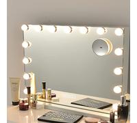 RELAX4LIFE Espejo de maquillaje con 15 LED, espejo cosmético con 3 modos de luz ajustables y música Bluetooth, espejo con base y espejo de aumento de 10x, control táctil, estilo Hollywood 58 x 48 cm