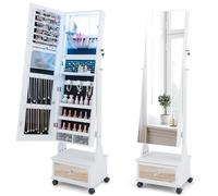 RELAX4LIFE Espejo joyero de suelo, armario joyero con luces LED, 3 ángulos ajustables, 4 ruedas universales, organizador para joyas y accesorios (blanco, 35 x 42 x 159 cm, con ruedas)