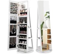 RELAX4LIFE Espejo Joyero Giratorio 360° con Espejo Integrado/LED de 3 Colores, Armario Joyero con Estante 3 Niveles, Cerradura y LLaves para Anillos/Collares/Cosméticos (Blanco)