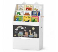 RELAX4LIFE Estantería Infantil, Librería para Niños con 3 Compartimentos Abiertos, Cajón Rodante, Armario con Puerta, Piazarra, Ganchos, Mueble de Almacenamiento, 69 x 30 x 101 cm