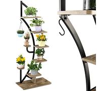 RELAX4LIFE Estantería para Plantas de 5 Niveles con Marco de Hierro Resistente y Gancho, Soporte Plantas Interior de Forma Media Luna para Salón, Balcón, Carga 20kg por Tabla, 60x30x155cm (Natural)