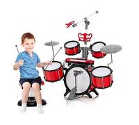 RELAX4LIFE Juego de Batería para Niños, Juguetes Musicales Electrónicos con Teclado y Micrófono, Batería Jazz con Taburete para Niños 3+ Años, Rojo