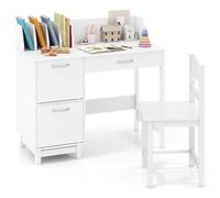 RELAX4LIFE Juego de Escritorio y Silla para Niños, Escritorio Infantil | Pupitre Infantil de Madera Maciza con Cajón y Armarios, Mesa con Estantería para Niñas 3+ Años, Ideal para Dormitorio(Blanco)