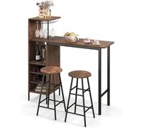 RELAX4LIFE Juego de Mesa Comedor de 3 Piezas, Mesa de Comedor con 2 Taburetes de Bar, 3 Estantes, Soportes para Copas y Portabotellas de 2 Niveles, Mesa Alta Cocina de MDF, 120x40x121,5cm (Café)
