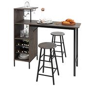 RELAX4LIFE Juego de Mesa Comedor de 3 Piezas, Mesa de Comedor con 2 Taburetes de Bar, 3 Estantes, Soportes para Copas y Portabotellas de 2 Niveles, Mesa Alta Cocina de MDF, 120x40x121,5cm (Marrón)