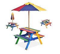 RELAX4LIFE Juego de mesa y sillas para niños, juego de muebles para exteriores con sombrilla parasol para exteriores, mesita y bancos de jardín para terraza y balcón, mueble para picnic y barbacoa