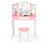 RELAX4LIFE Juego de tocador para niños, Espejo con Taburete, Mesa de Maquillaje con Espejo Claro de 3 Secciones y Estructura Estable con 4 Patas robustas para Dormitorio, 70x34x104,5cm