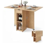 RELAX4LIFE Mesa de comedor plegable y multifuncional con 2 estantes, cajón y puertas abatibles, ruedas bloqueables para movimiento y estabilidad, consola ampliable para cocina, salón (natural)