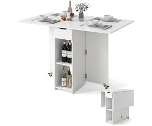 RELAX4LIFE Mesa de comedor plegable y multifuncional con 2 estantes, cajón y puertas abatibles, ruedas bloqueables para movimiento y estabilidad, consola ampliable para cocina, salón (blanco)