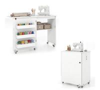 RELAX4LIFE Mesa de Costura Plegable con 3 Compartimentos, Estante, Estación de Carga Integrada, Mesa para Máquina de Coser con Ruedas, 116x40,5x78cm (Blanco)