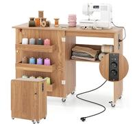 RELAX4LIFE Mesa de Costura Plegable con 3 Compartimentos, Estante, Estación de Carga Integrada, Mesa para Máquina de Coser con Ruedas, 116x40,5x78cm (Natural-con Enchufe)