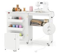 RELAX4LIFE Mesa de Costura Plegable con 3 Compartimentos, Estante, Estación de Carga Integrada, Mesa para Máquina de Coser con Ruedas, 116x40,5x78cm (Blanco-con Enchufe)