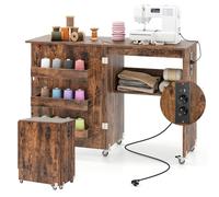 RELAX4LIFE Mesa de Costura Plegable con 3 Compartimentos, Estante, Estación de Carga Integrada, Mesa para Máquina de Coser con Ruedas, 116x40,5x78cm (Café-con Enchufe)