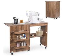 RELAX4LIFE Mesa de Costura Plegable con 5 Ruedas, 4 Estantes de Almacenamiento y Frenos, Mesa para Máquina de Coser de MDF, Mesa Multifuncional para Salón, Dormitorio, 118,5x40x79,5cm (Marrón)