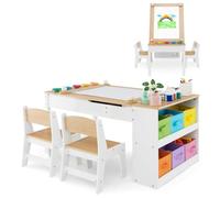 RELAX4LIFE Mesa Infantil con 2 Sillas, Mesa y Silla Infantil de Madera para Niños con Encimera Elevable, 2 Espacio Interior, 6 Cajones de Tela, 4 Tazas para Pintar y Rollo de Papel (Natural)