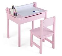 RELAX4LIFE Mesa y Silla de Arte para Niños 3+ Años con Tablero Plegable, Escritorio y Silla de Madera para Niños 60 x 40 x 58 cm con Rollo de Papel y Rotulador (Rosa)