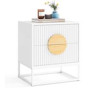 RELAX4LIFE Mesita de Noche con 2 Cajones, Tiradores Madera de Pino y Marco Metálico, Mesilla de Noche con Diseño Ondulado para Dormitorio y Sala de Estar, Mesa Auxiliar (Blanco)