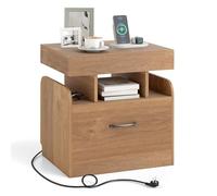 RELAX4LIFE Mesita de Noche con Enchufe y Encimera Deslizante, Mesilla de Noche con Bandeja Oculta, Cajón Inferior y Compartimentos Abiertos, Mesa Auxiliar para Dormitorio, Sala de Estar (Natural)