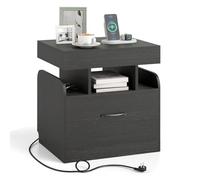 RELAX4LIFE Mesita de Noche con Enchufe y Encimera Deslizante, Mesilla de Noche con Bandeja Oculta, Cajón Inferior y Compartimentos Abiertos, Mesa Auxiliar para Dormitorio, Sala de Estar (Negro)