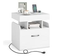 RELAX4LIFE Mesita de Noche con Enchufe y Encimera Deslizante, Mesilla de Noche con Bandeja Oculta, Cajón Inferior y Compartimentos Abiertos, Mesa Auxiliar para Dormitorio, Sala de Estar (Blanco)