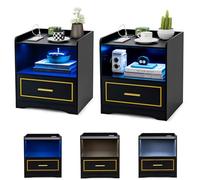 RELAX4LIFE Mesita de Noche con LED de 3 Colores Ajustables, USB e Inducción Corporal, Mesa de Noche con Estante y 1 Cajón, Mesa Auxiliar para Dormitorio/Salón, 45x40x50cm (2 Piezas, Negro)
