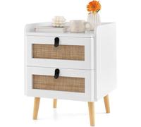 RELAX4LIFE Mesitas de Noche con 2/3 Cajones, Patas de Madera Maciza, Tiradores Metálicos y Diseño de Ratán, Mesa Auxiliar con Dispositivo Antivuelco para Dormitorio, Salón y Oficina (1, 2 Cajones)