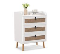 RELAX4LIFE Mesitas de Noche con 2/3 Cajones, Patas de Madera Maciza, Tiradores Metálicos y Diseño de Ratán, Mesa Auxiliar con Dispositivo Antivuelco para Dormitorio, Salón y Oficina (1, 3 Cajones)