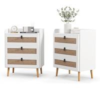 RELAX4LIFE Mesitas de Noche con 2/3 Cajones, Patas de Madera Maciza, Tiradores Metálicos y Diseño de Ratán, Mesa Auxiliar con Dispositivo Antivuelco para Dormitorio, Salón y Oficina (2, 3 Cajones)