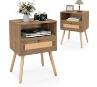 RELAX4LIFE Mesitas de Noche de Ratán con Cajón y Estante, Mesillas de Noche de MDF con Mango Metálico y Patas de Pino, Mesa Auxiliar para Dormitorio, Salón, Marrón (2 Piezas, 1 Cajón + 1 Estante)