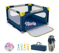 RELAX4LIFE Parque Infantil Bebe 127 x 127 cm con 4 Anillas y 50 Bolas Oceánicas, Corralito Bebe con Bolsa de Trasnporte, Puerta con Cremallera, Parque de Juegos para Niños de 0-3 Años (Azul)