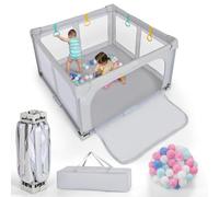 RELAX4LIFE Parque Infantil Bebe 127 x 127 cm con 4 Anillas y 50 Bolas Oceánicas, Corralito Bebe con Bolsa de Trasnporte, Puerta con Cremallera, Parque de Juegos para Niños de 0-3 Años (Gris)