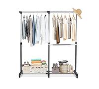 RELAX4LIFE Perchero de Pie Extensible y Regulable en Altura con 6 Ruedas y 2 Frenos, Perchero Burro con Barra Doble y Estante para Zapatos, Perchero para Balcón, Dormitorio y Vestuario, Negro