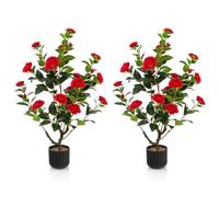 RELAX4LIFE Set de 2 plantas artificiales, árbol de camelia artificial de 95 cm, planta artificial en maceta, árbol de arte con 24 flores, planta de camelia para interior y exterior (Rojo)