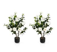 RELAX4LIFE Set de 2 plantas artificiales, árbol de camelia artificial de 95 cm, planta artificial en maceta, árbol de arte con 24 flores, planta de camelia para interior y exterior (Blanco)