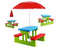 RELAX4LIFE Set de Mesa y Sillas para Niños, Mesa de Picnic con Sombrilla, Mesita y Bancos para Exterior para Jardín, Terraza y Balcón (Modelo 1)