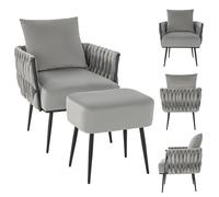 RELAX4LIFE Sillón de relax con taburete, sillón de salón con cojín otomano, sillón de televisión con patas de metal, sillón con orejas de terciopelo, profundidad del asiento 57 cm, soporta hasta 150