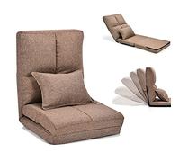 RELAX4LIFE Sillón de Suelo Plegable con Respaldos Ajustables en 5 Posiciones 90°-180°, Sofá de Piso con Función Tumbona y 1 Cojín Adicional para Leer, Dormir, Ver Televisión (Café)