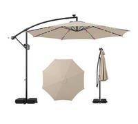 RELAX4LIFE Sombrilla de Jardín con 96 Luces LED Solare, Parasol de Patio Giratorio 360° con Inclinación Ajustable, Sombrilla con Manivela, 8 Listones, Base en Cruz y 2 Sacos de Arena (Beige)