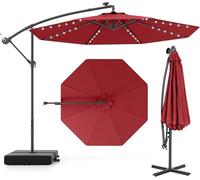 RELAX4LIFE Sombrilla Terraza 3x3m con 40 Luces LED Solar, Sombrilla Inclinable con Base en Cruz, Manivela Manual y 2 Sacos de Arena, Protección Solar, Parasol para Jardín, Terraza y Patio (Rojo)