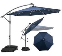 RELAX4LIFE Sombrilla Terraza 3x3m con 40 Luces LED Solar, Sombrilla Inclinable con Base en Cruz, Manivela Manual y 2 Sacos de Arena, Protección Solar, Parasol para Jardín, Terraza y Patio (Azul)