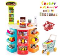 RELAX4LIFE Supermercado Juguete Infantil con Luz, Sonido, Carrito Compra, Cesta y 29 Accesorios, Caja Registradora Juguetes con Escáner, Supermercado de Madera para Niños de 3+ Años (Multicolor)