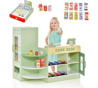 RELAX4LIFE Supermercado Juguete para Niños con Caja Registradora Juguetes, Supermercado Infantil con Mostrador, TPV, Máquina Expendedora, Pizarra y 13 Accesorios, 89x57x80 cm (Verde)