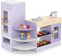 RELAX4LIFE Supermercado Juguete para Niños con Caja Registradora Juguetes, Supermercado Infantil con Mostrador, TPV, Máquina Expendedora, Pizarra y 13 Accesorios, 89x57x80 cm (Púrpura)