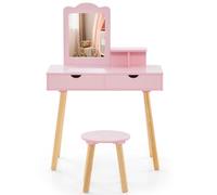 RELAX4LIFE Tocador de Maquillaje para Niñas 3-7 Años con Taburete, 2 en 1 Escritorio con Espejo Extraíble y 2 Cajones, Tocador Niña para Princesas de MDF, Maquillaje para Niñas, Carga 20+40kg (Rosa)
